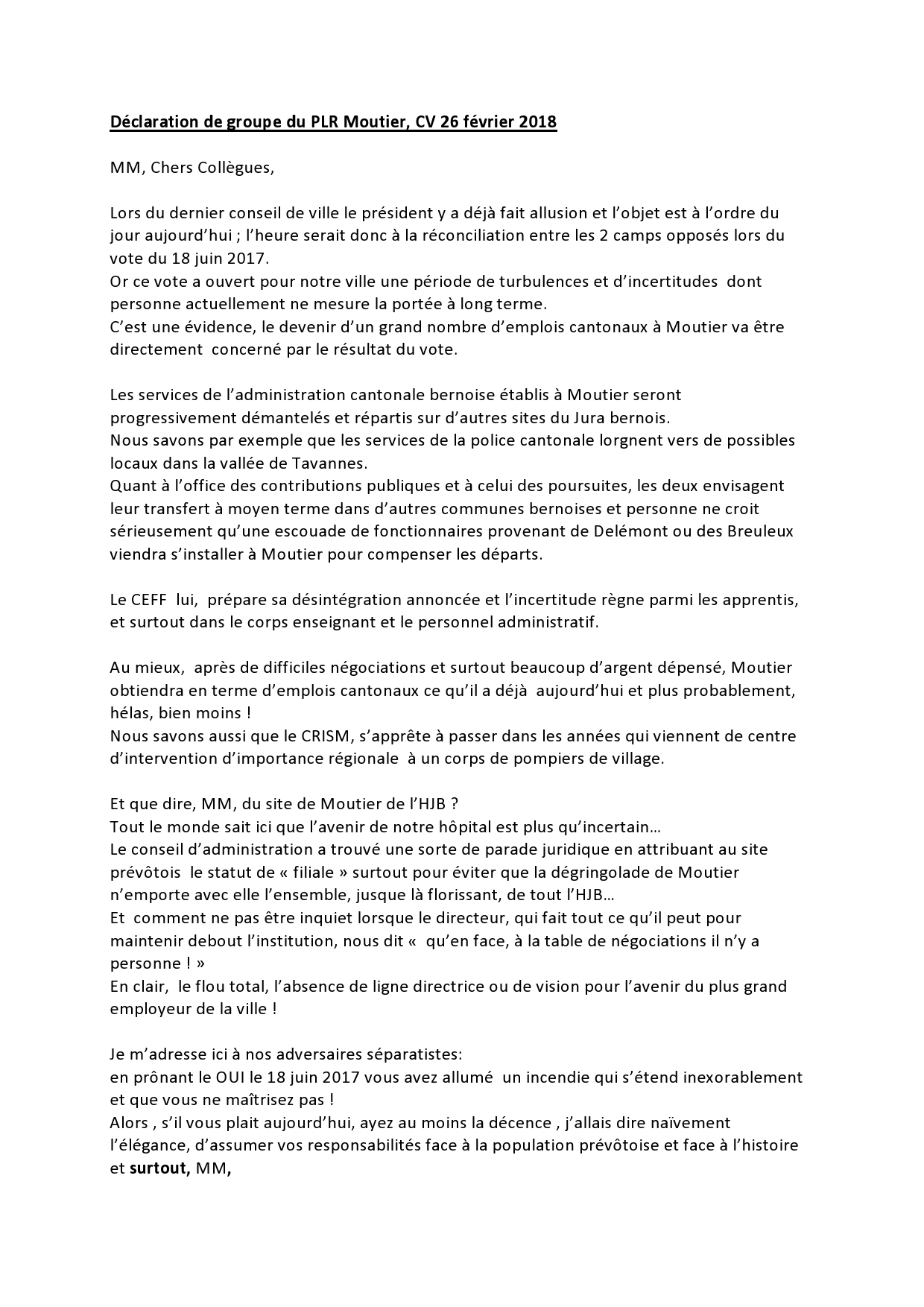 Déclaration de groupe du PLR Moutier, CV 26 février 2018 partie 1