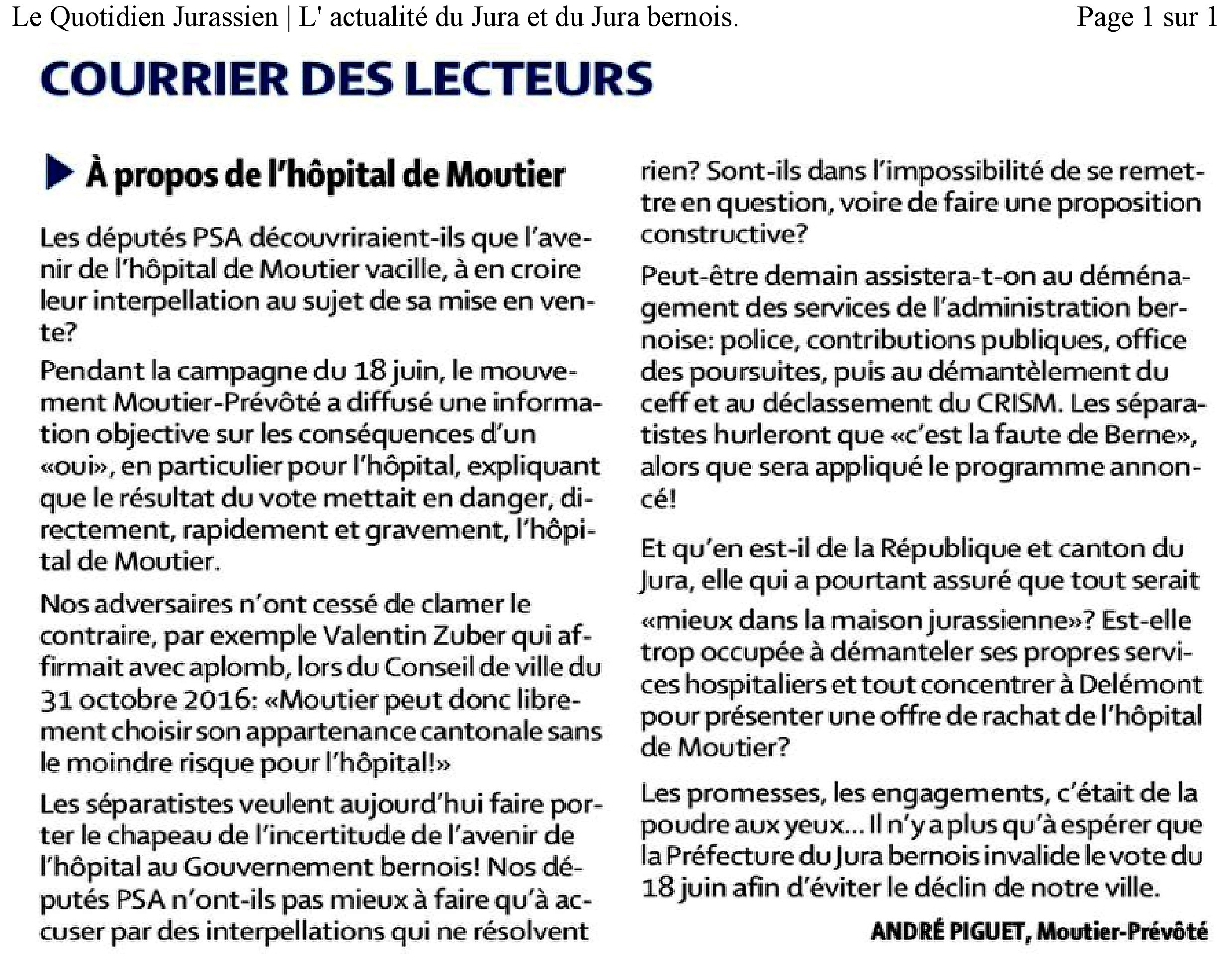 Courrier des lecteurs Hôpital de Moutier André Piguet Moutier-Prévôté